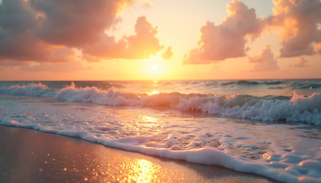 Sunset Over Ocean with Waves Crashing