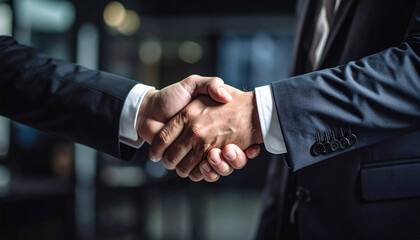 Two individuals dressed in sharp suits engage in firm handshake, symbolizing strong agreement or partnership in professional setting. atmosphere conveys confidence and collaboration