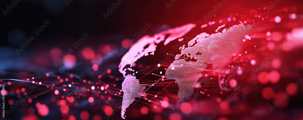 Poster a digital world map with glowing red connections and data points, representing global technology and