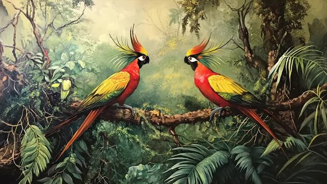 Two vibrant parrots face each other on a jungle branch