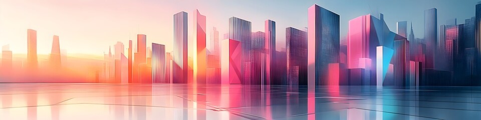 A city skyline with a large red sun in the background