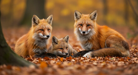 Three red foxes resting on autumn leaves in a forest  