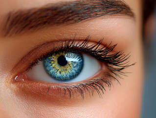 Obraz premium Extreme closeup of a blue and yellow human eye with long eyelashes and well-defined eyebrow under natural light, highlighting iris texture and detail with sharp focus