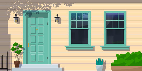 house facade entrance door windows potted plants beige siding front view vector illustration