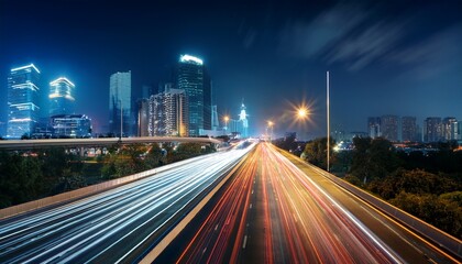 Obraz premium light trails illuminating an empty highway in a modern city at night