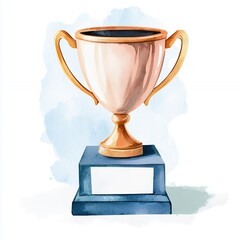 Gold Trophy Watercolor Painting on Blue Background