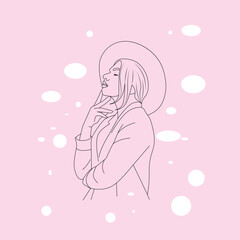 Line art of a beautiful girl with hat