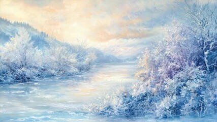 Serene winter landscape; frosted trees line a frozen lake at sunrise, mountains in the background - Powered by Adobe