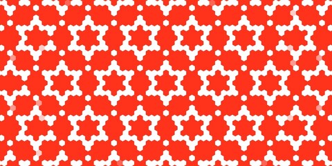 Seamless pattern bold red and white star-shaped motifs built from blocky, pixel-like segments. Ideal for festive themes, textiles, or digital backgrounds.