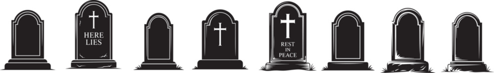 Collection of various black tombstones with crosses and inscriptions