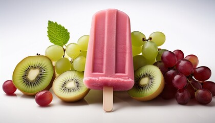 refreshing pink popsicle with kiwi fruit and grapes on white background