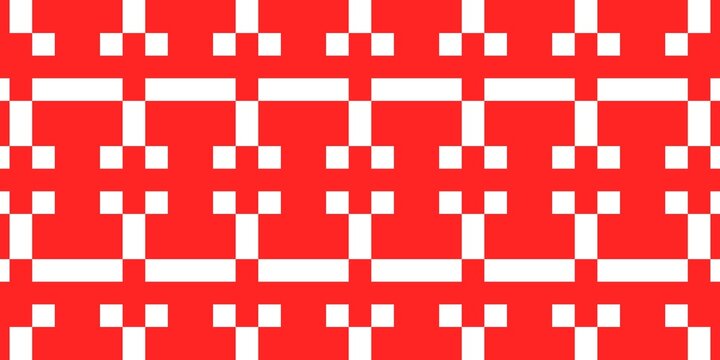 Digital inspired seamless pattern made of red and white pixel-style squares arranged in a precise grid format. Perfect for tech visuals, retro themes, coding culture art, or any bold digital aesthetic