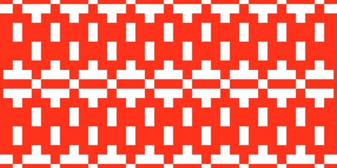 Geometric pattern composed of red and white shapes forming a symmetrical cross and bar grid layout. This digital-style, pixel-art-inspired design is perfect for branding, tech themes, and modern print