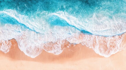Obraz premium Aerial view of a serene coastline where turquoise and deep blue ocean waters meet a golden-brown sandy shore, with gentle waves creating white foamy crests that contrast beautifully against the clear 