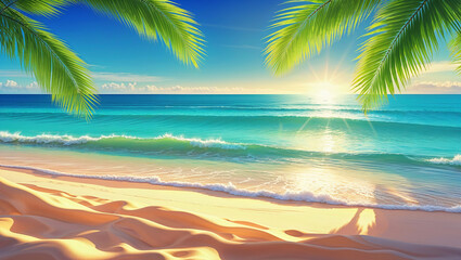 Fototapeta premium Golden sand beach at sunrise with palm trees framing the turquoise ocean