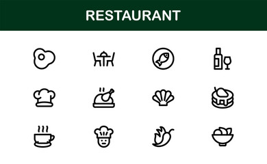 Professional Restaurant Icons with Minimal Line Art Featuring Food Items, Dining, Kitchen Tools, and Menu Symbols