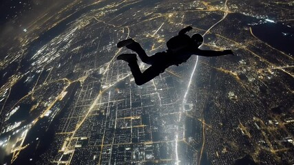 Silhouette of a Skydiver Over a Glowing Night City