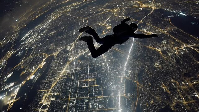 Silhouette of a Skydiver Over a Glowing Night City