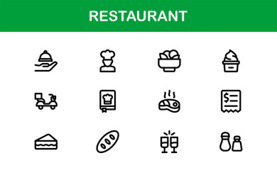 Professional Restaurant Icons with Minimal Line Art Featuring Food Items, Dining, Kitchen Tools, and Menu Symbols