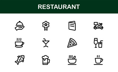 Professional Restaurant Icons with Minimal Line Art Featuring Food Items, Dining, Kitchen Tools, and Menu Symbols