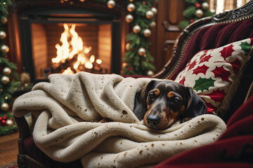 Cozy Christmas moment with a dog nestled by the fireplace adorned with festive decorations