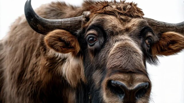 Close-up portrait of a majestic brown Takin, a large goat-antelope with curved horns and a powerful build against a bright background