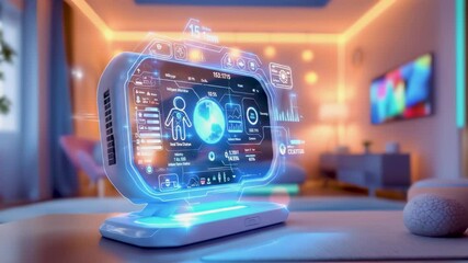 A futuristic connected baby monitor displays real-time health and environmental data through a holographic interface in a cozy smart home nursery. - Powered by Adobe