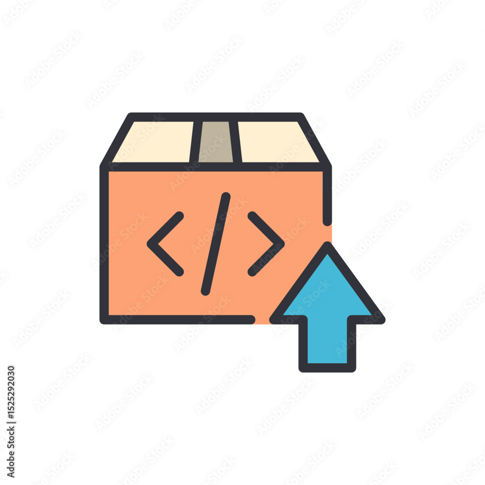 Poster package with code icon represents development and shipping integration