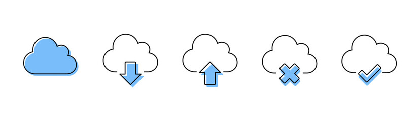 Cloud Essentials Line Icon Set, 5 Minimal Vector Icons, Line Icons with Blue Highlights, Cloud, Upload, Download, Error, Done 