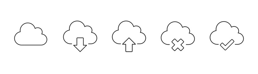 Cloud Essentials Line Icon Set, 5 Minimal Vector Icons, Cloud, Upload, Download, Error, Done 