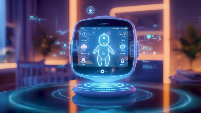 A futuristic connected baby monitor displays real-time health and environmental data through a holographic interface in a cozy smart home nursery. - Powered by Adobe
