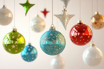 A 3D-rendered illustration of vibrant Christmas ornaments, capturing the festive spirit with stars, spheres, and teardrop shapes in various colors
