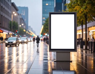 Blank advertising billboard on a rainy city street with blurred traffic and pedestrians