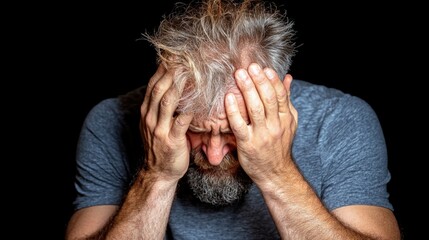 Fototapeta premium An elderly man with gray hair and beard holding his head in distress or frustration