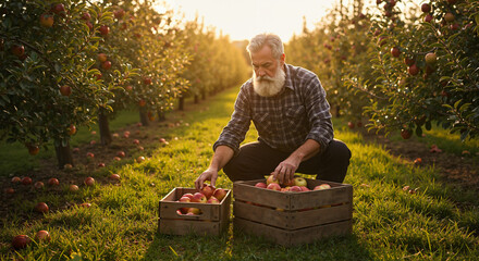 Elderly man harvesting apples while kneeling in orchard at sunset  