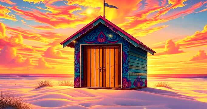 Cartoon beach hut with colorful sunset and sparkling star particles