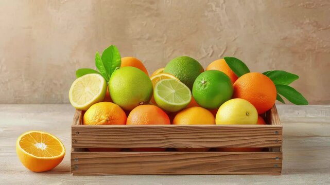 Assorted citrus fruits in a wooden crate, rustic background
