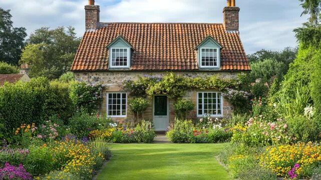 Beautiful Georgian home facade featuring dormer windows, tiled roof, and manicured lawn with colorful flower beds