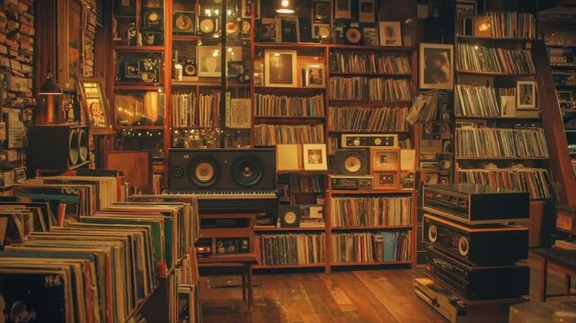 A dimly lit room filled with vintage records, books, and audio equipment