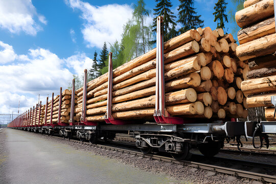 Fototapeta Freight train carrying logs on sunny day