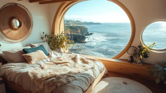 Boho modern bedroom interior featuring panoramic window with stunning sea view