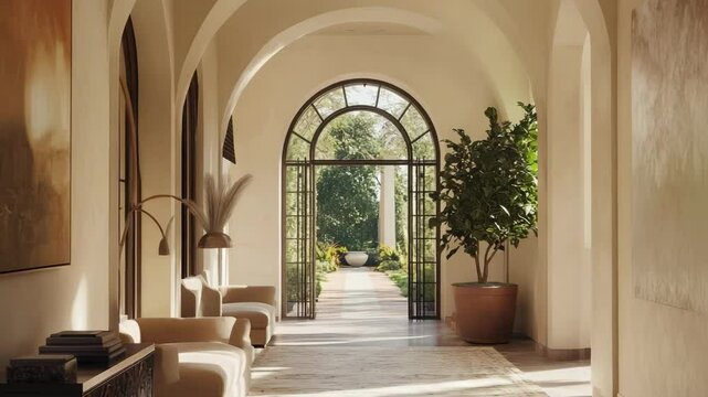 Boho Mediterranean modern home entryway interior featuring hall with elegant arched walls