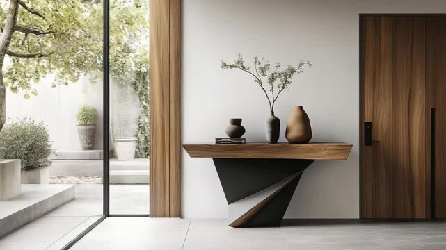 Bright modern entrance hall featuring wooden console table and stylish door