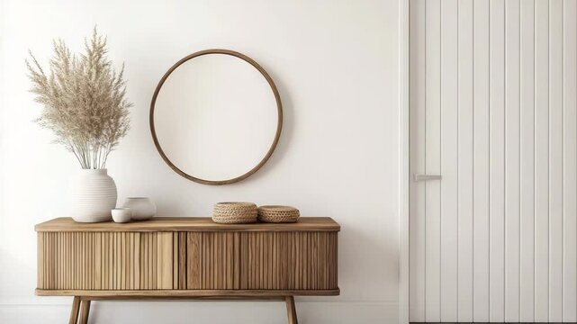 Bright modern entrance hall featuring wooden console table and stylish door