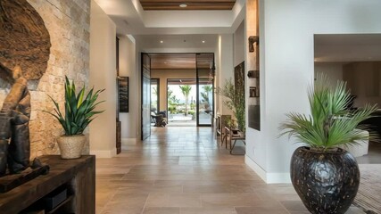Coastal modern entrance hall interior design with stone tile wall and rustic wooden elements - Powered by Adobe