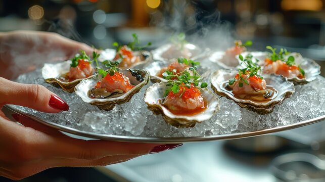 Fresh oyster presentation on ice-filled silver platter with red caviar garnish and microgreens held by server hands in upscale restaurant setting