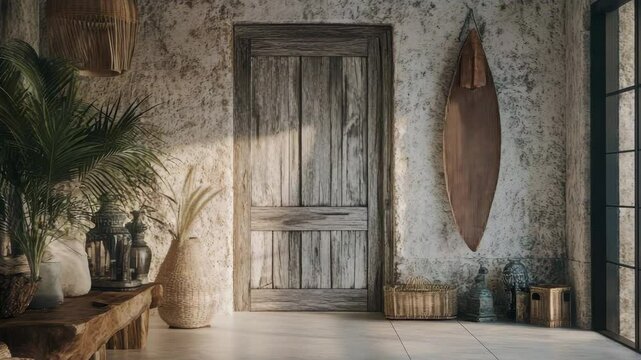 Coastal modern entrance hall interior design with stone tile wall and rustic wooden elements