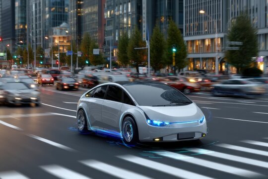 Selfdriving car with light effects amidst city traffic