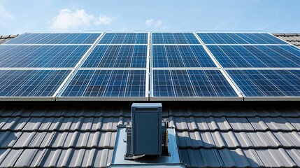Obraz premium Panel junction box mounted on modern house roof below solar panels array with low-angle perspective showing weatherproof electrical housing