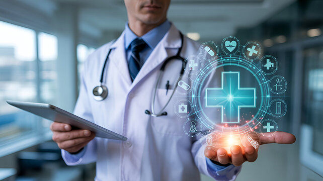 A doctor in a lab coat, holding a digital tablet, is surrounded by a holographic display of medical icons and a blue medical cross, showcasing a futuristic, high-tech healthcare concept.